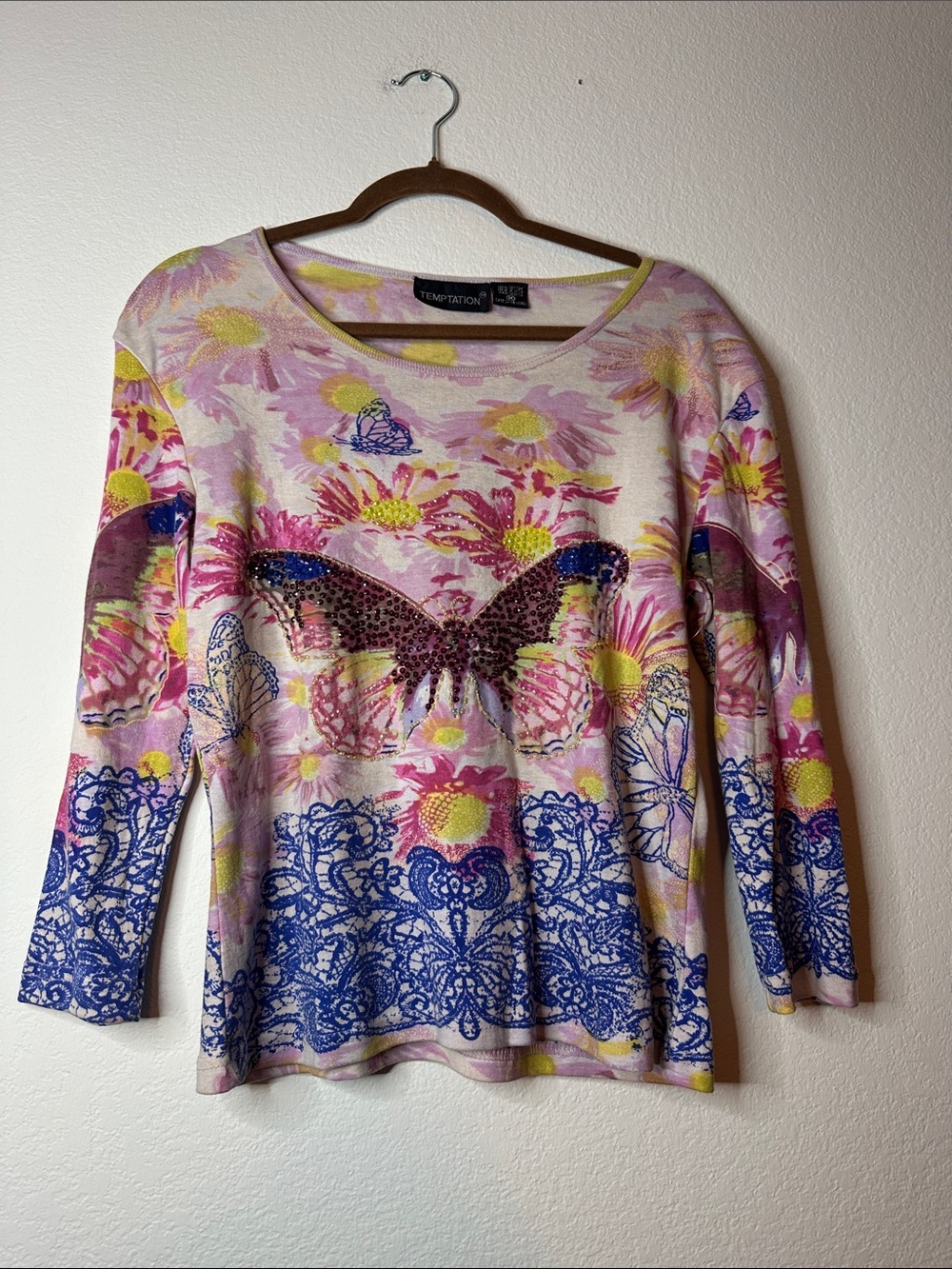 Temptations Pink Floral Butterfly Print Long-Sleeve Top with Blue Trim